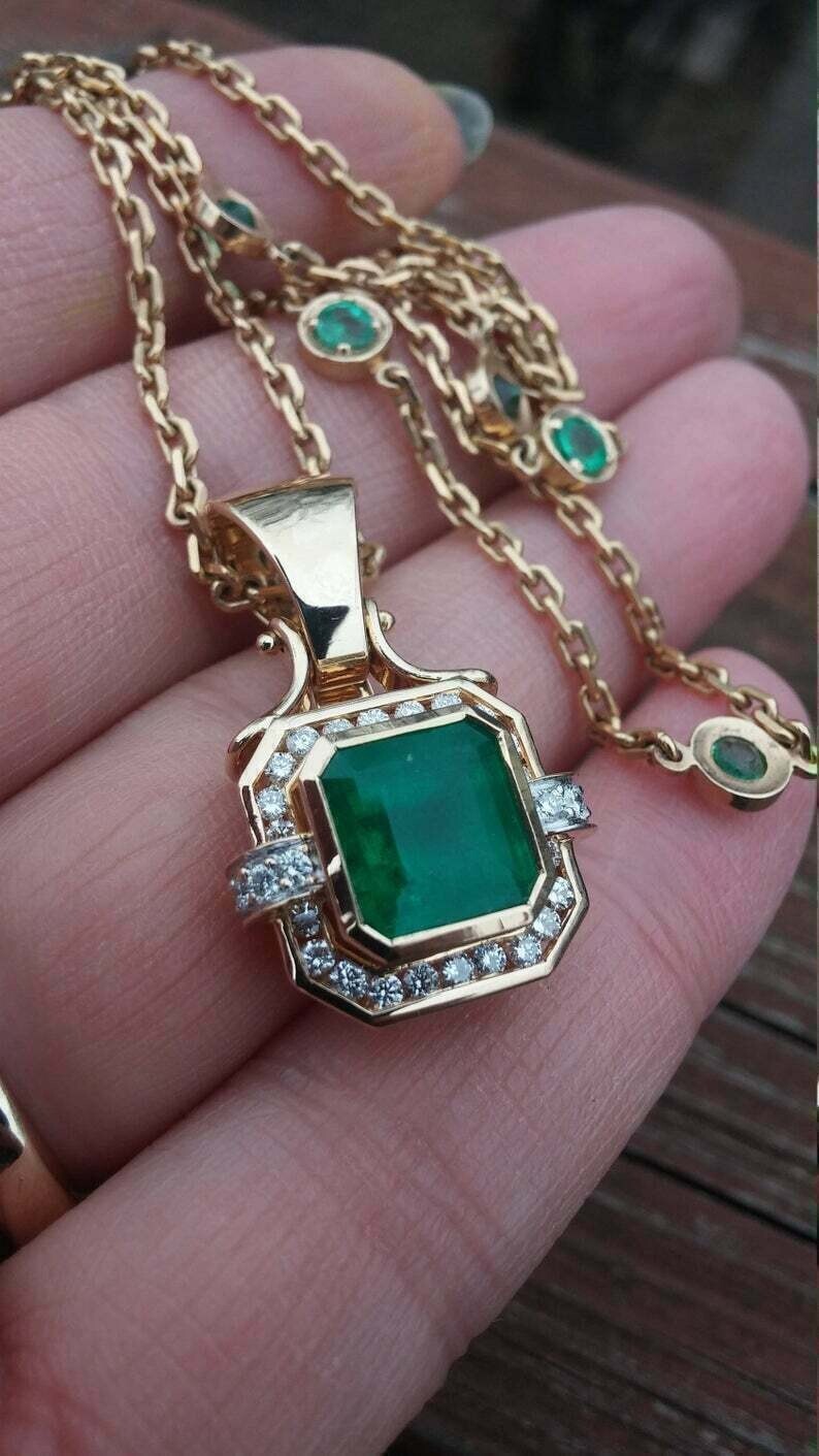 2.70Ct Asscher Cut Emerald Diamond Halo Pendant 14K Yellow Gold Finish