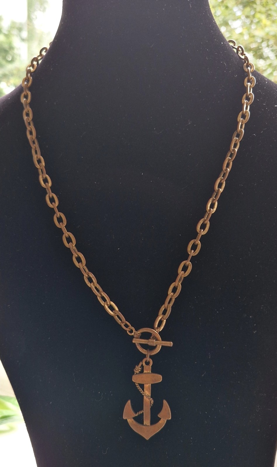 Vintage Copper-Tone Anchor Pendant Necklace Chunky Chain & Toggle Clasp Nautical