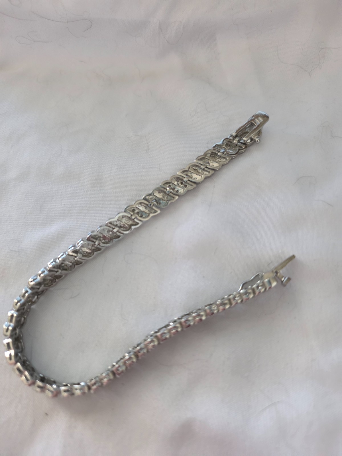 Vintage Silver Tone Tennis Bracelet with Pave Set Rhinestones and Zig Zag Design