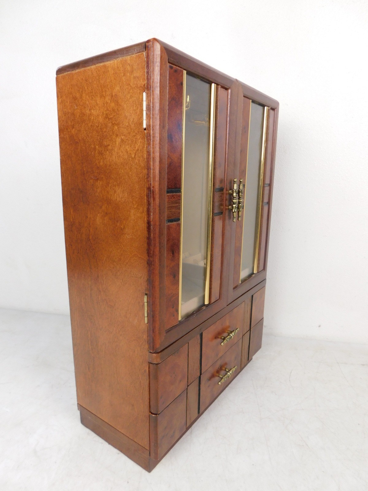 Cute Burl Wood Regency Small Desk Jewelry Cabinet Display Storage Box Table Top