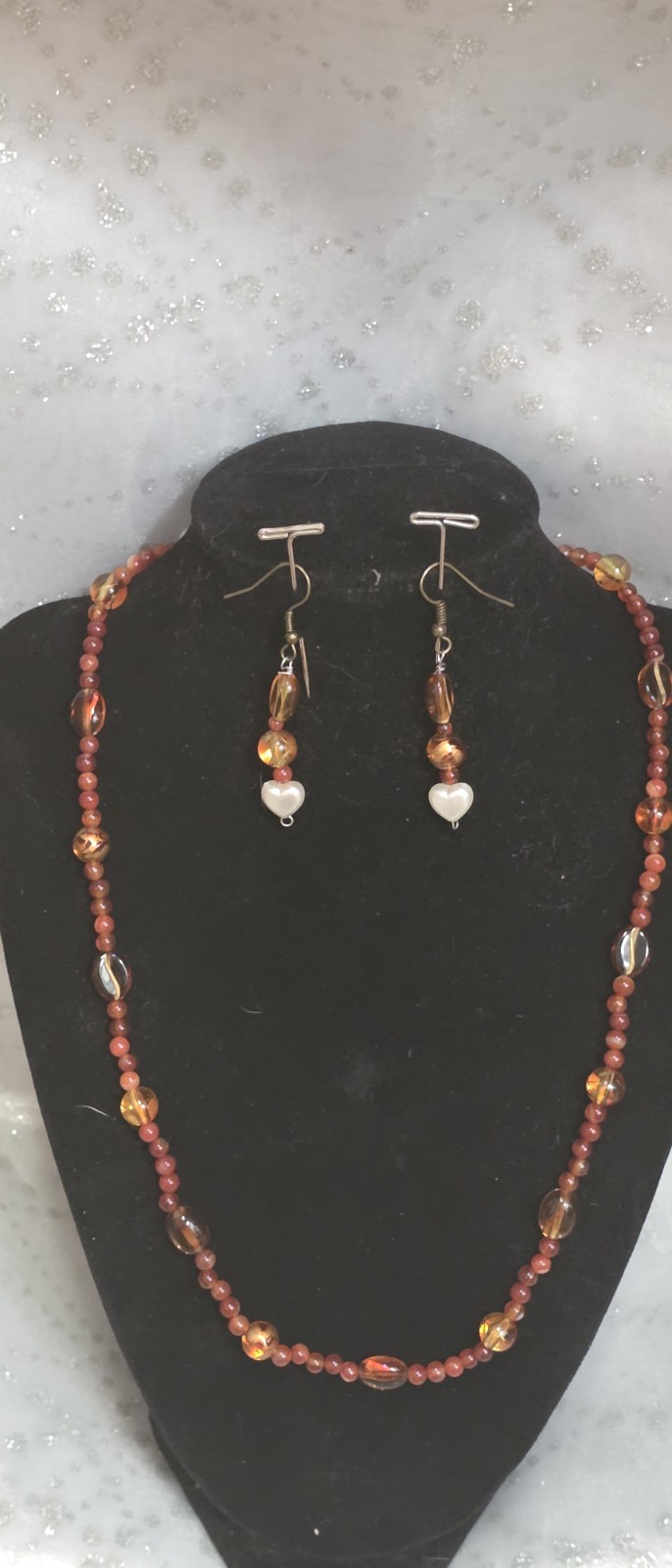 Pink Glass Beaded Necklace & Dangle Earrings Jewelry Set, Gold Tone, Hearts