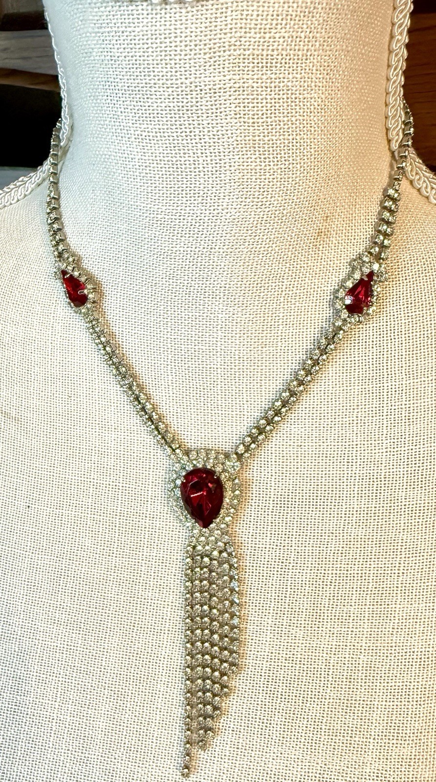 Vintage Red Rhinestone Fringe Necklace Earrings Set Silver Tone Statement Glam