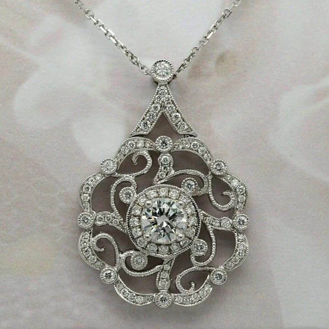 Art Deco Round Cut Lab Created Diamond Engagement 14K White Gold Finish Pendant