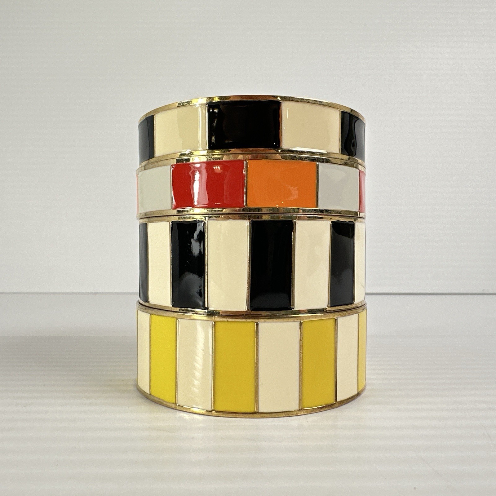 J Crew Lot 4 Gold Tone Bangle Bracelets Striped Enamel Black Yellow Orange Red