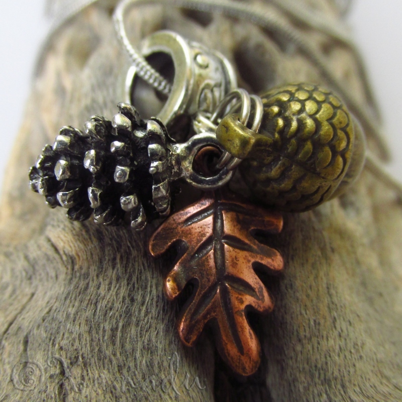 Fall Autumn Silver Pine Cone, Bronze Acorn, Copper Leaf European Charm Pendant