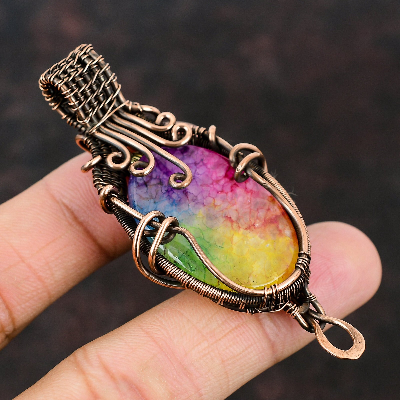 Rainbow Solar Quartz Druzy Jewelry Copper Wire Wrapped Pendant For Girls 2.83″