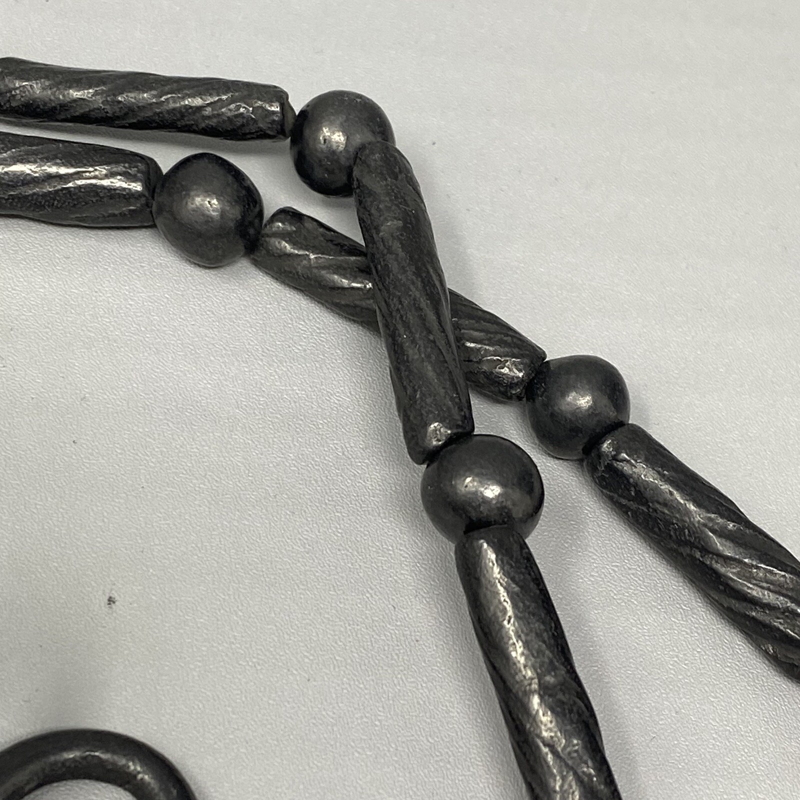 Vintage Beaded Necklace Black Wood or Resin Textured Loops Funky Long Fringe 30″