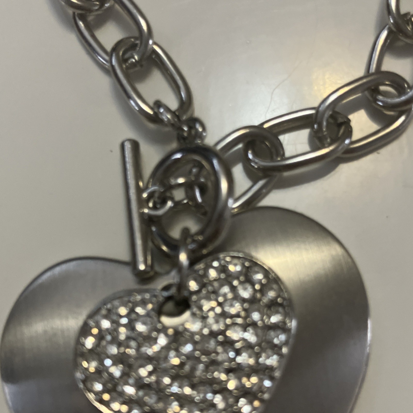 Silver Tone Heart Pendant Necklace Crystal Charm Oval Link Toggle Chain