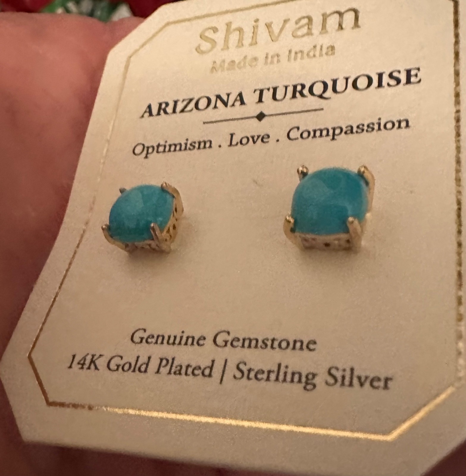 Shivam 14K Gold/Sterling Silver Blue Genuine Arizona Turquoise Stud Earrings~New