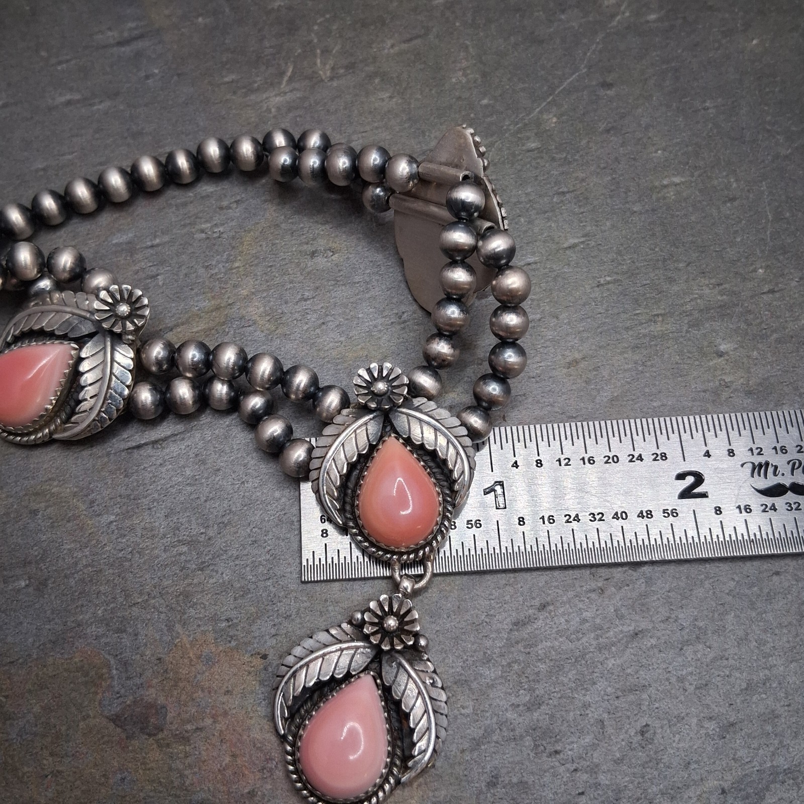 Pink Conch Lariat Necklace 5mm Navajo Pearls 50g Sterling Silver Southwestern