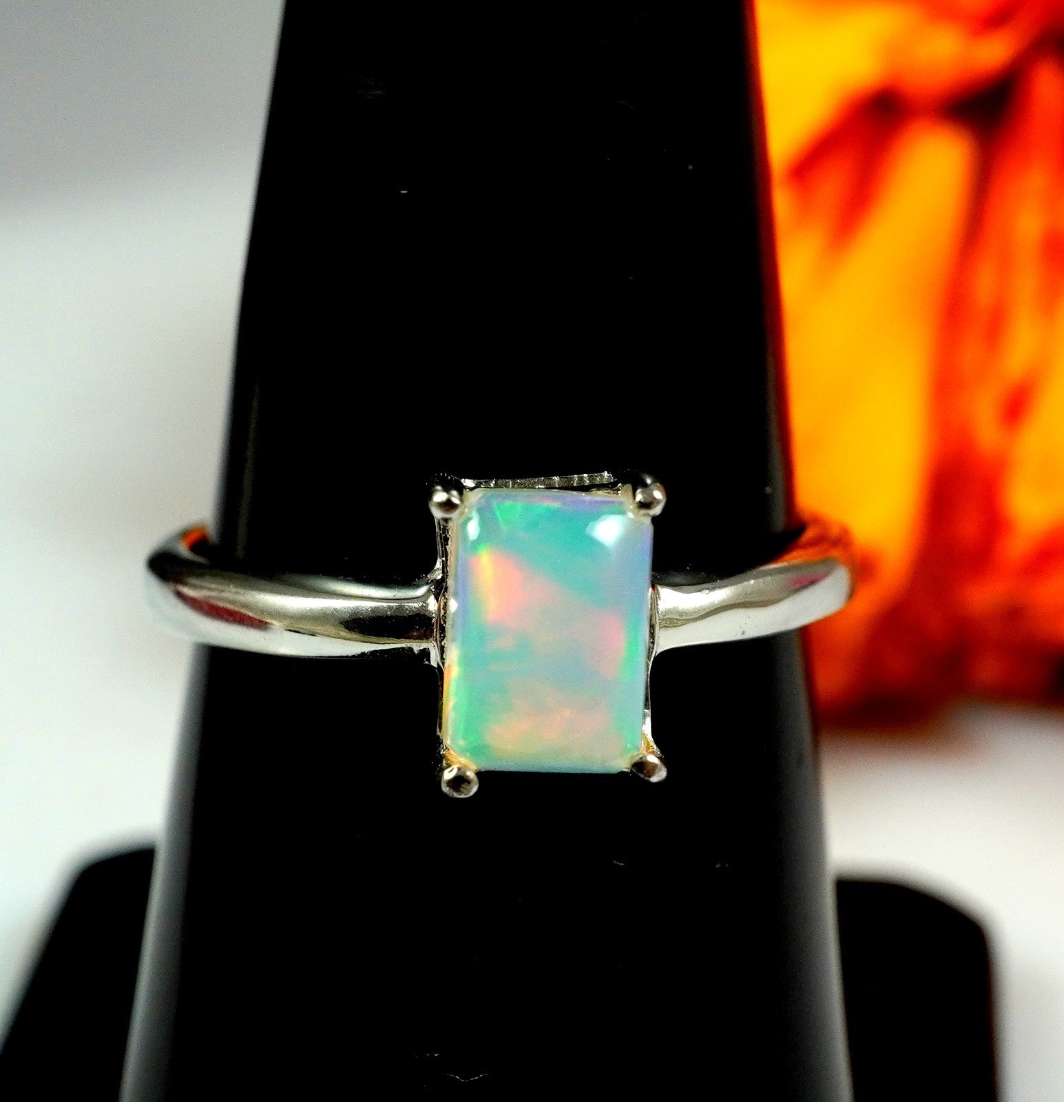 Octagon Opal Ring, Cabochon Gem Fire Opal Ring, Gift for Her, Anniversary Ring