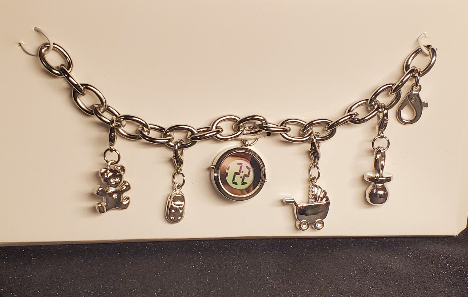 Ashley Large Silver Tone Link Charm Bracelet w/ Watch Baby Theme Shower Gift