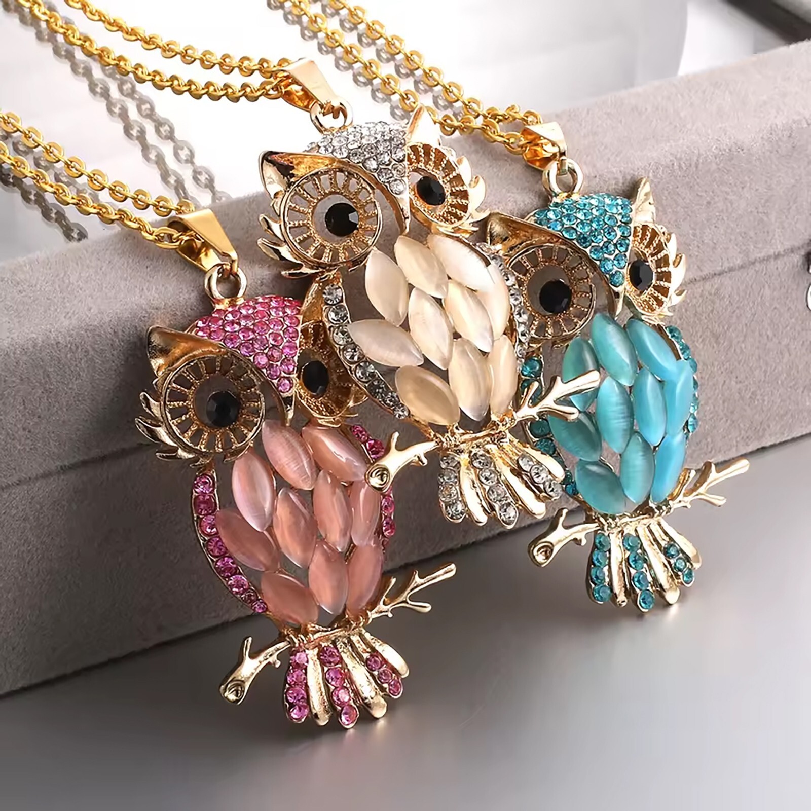 Owl Pendant w/Necklace Opal Lab Created/Plated Fashion Jewelry 28″ SELECT COLOR