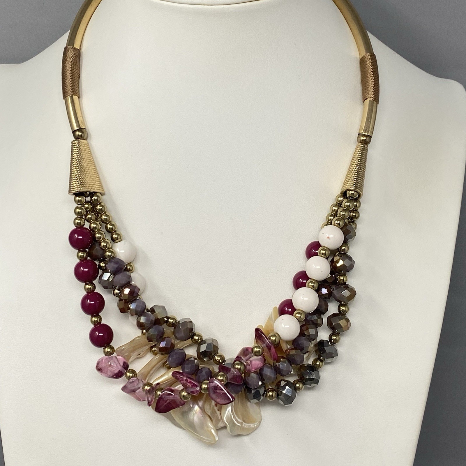 Chunky Statement Layered Necklace Mauve Purple Glass Shell Acrylic Gold Tone 21″