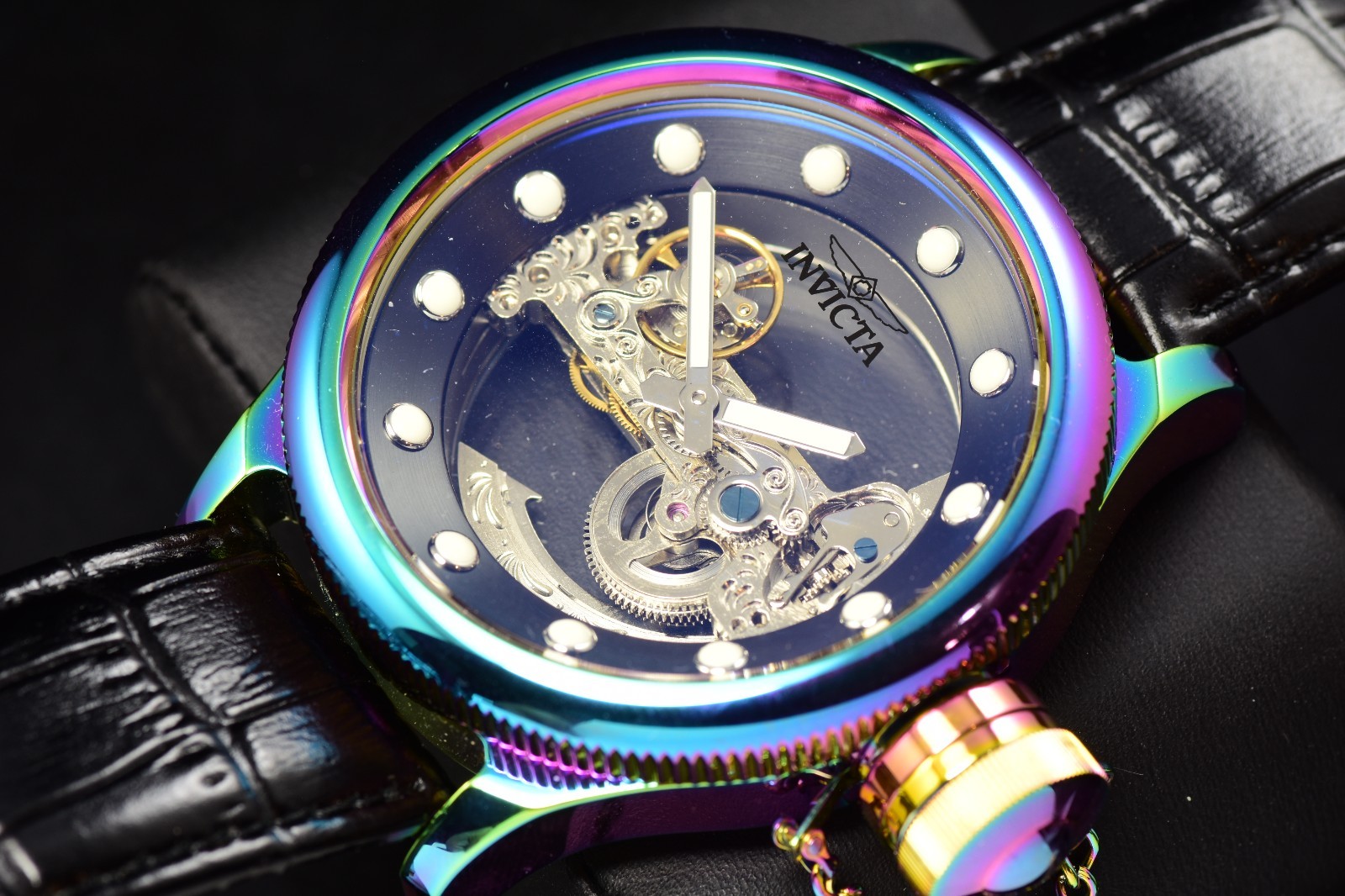 RARE Invicta Mens Russian Diver Black Dial Leather Strap Automatic Rainbow Watch