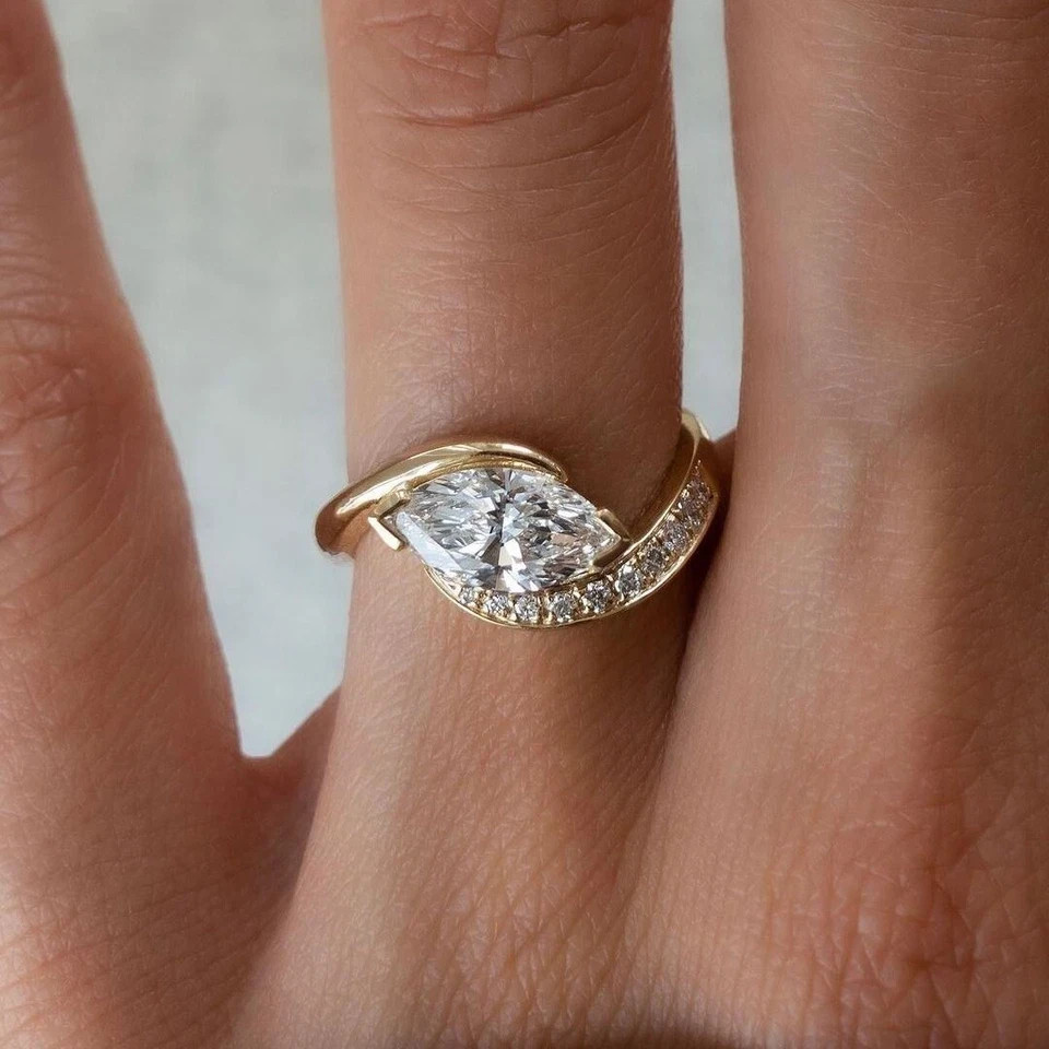 Halo 2 Ct Marquise 14k Yellow Gold Diamond Ring Lab Grown IGI Certified VVS E F
