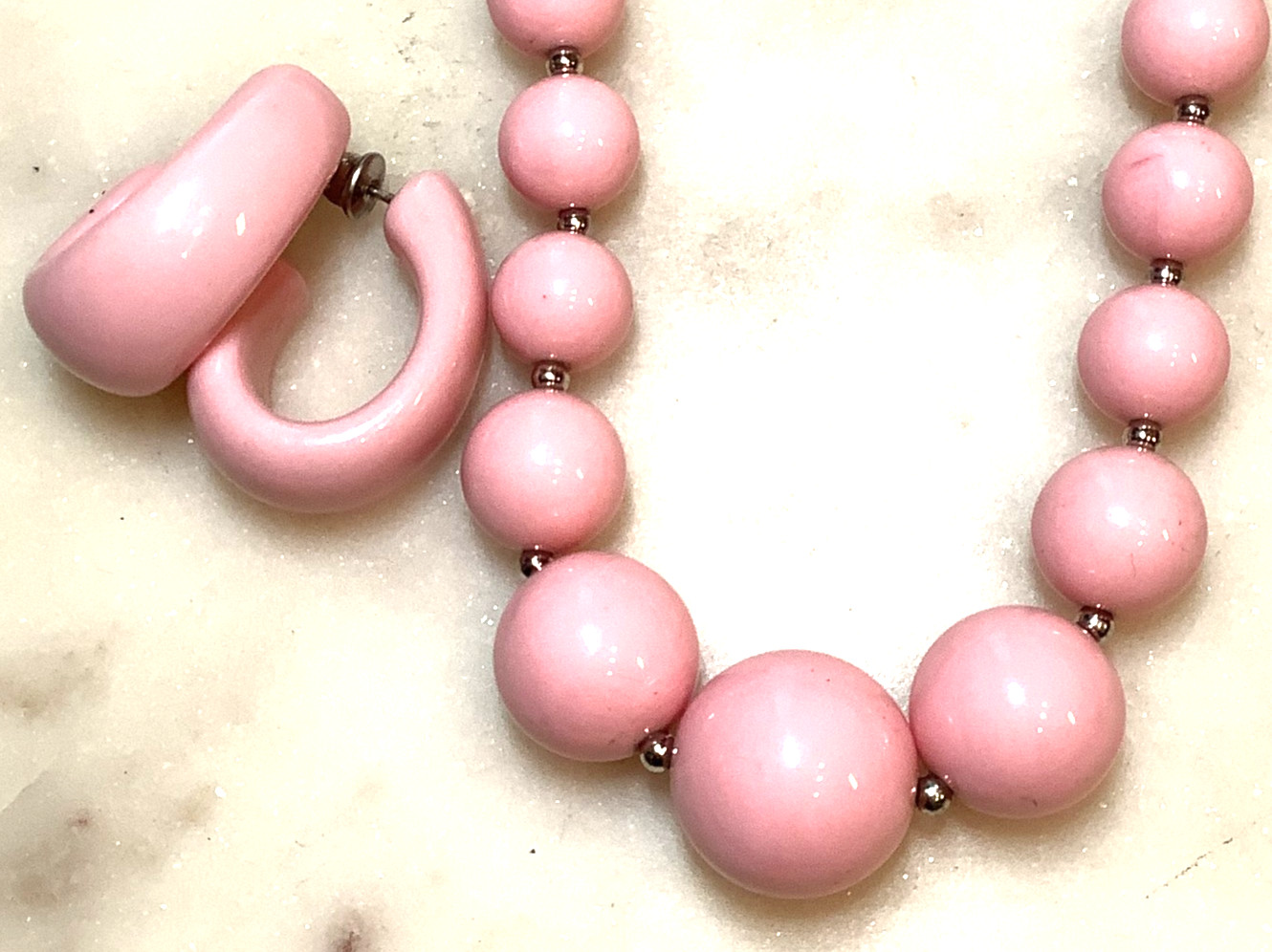 Vintage Pink Beaded Necklace Earring Plastic Jewelry Set Bubble Gum Patent Clasp