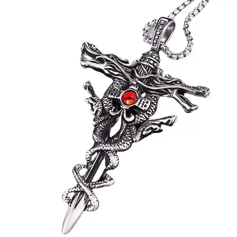 Punk Fashion Titanium Steel Necklace for Men Alloy Double Dragon Sword Pendant C