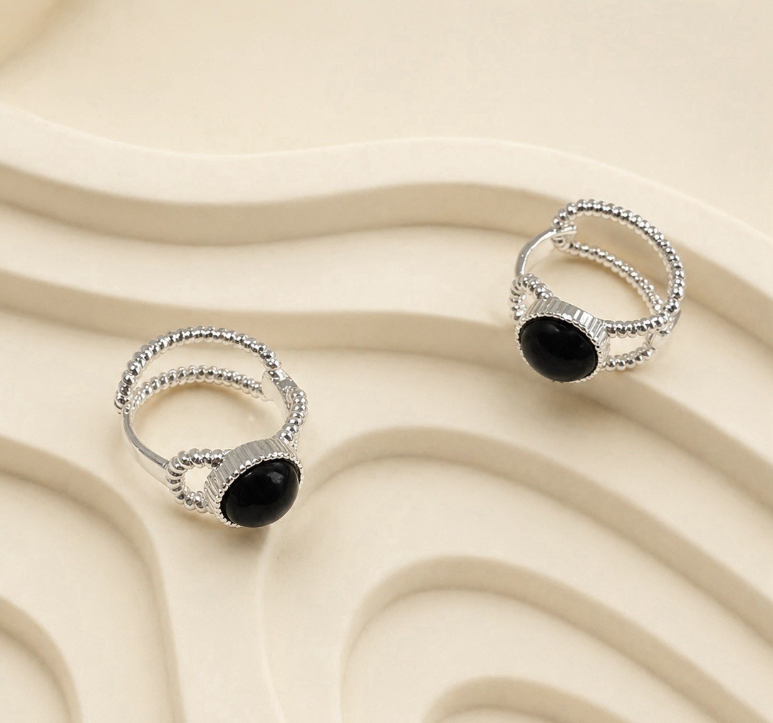 Black Onyx Huggie Earrings,Gold or Silver,Dainty Black Stone Earrings for women