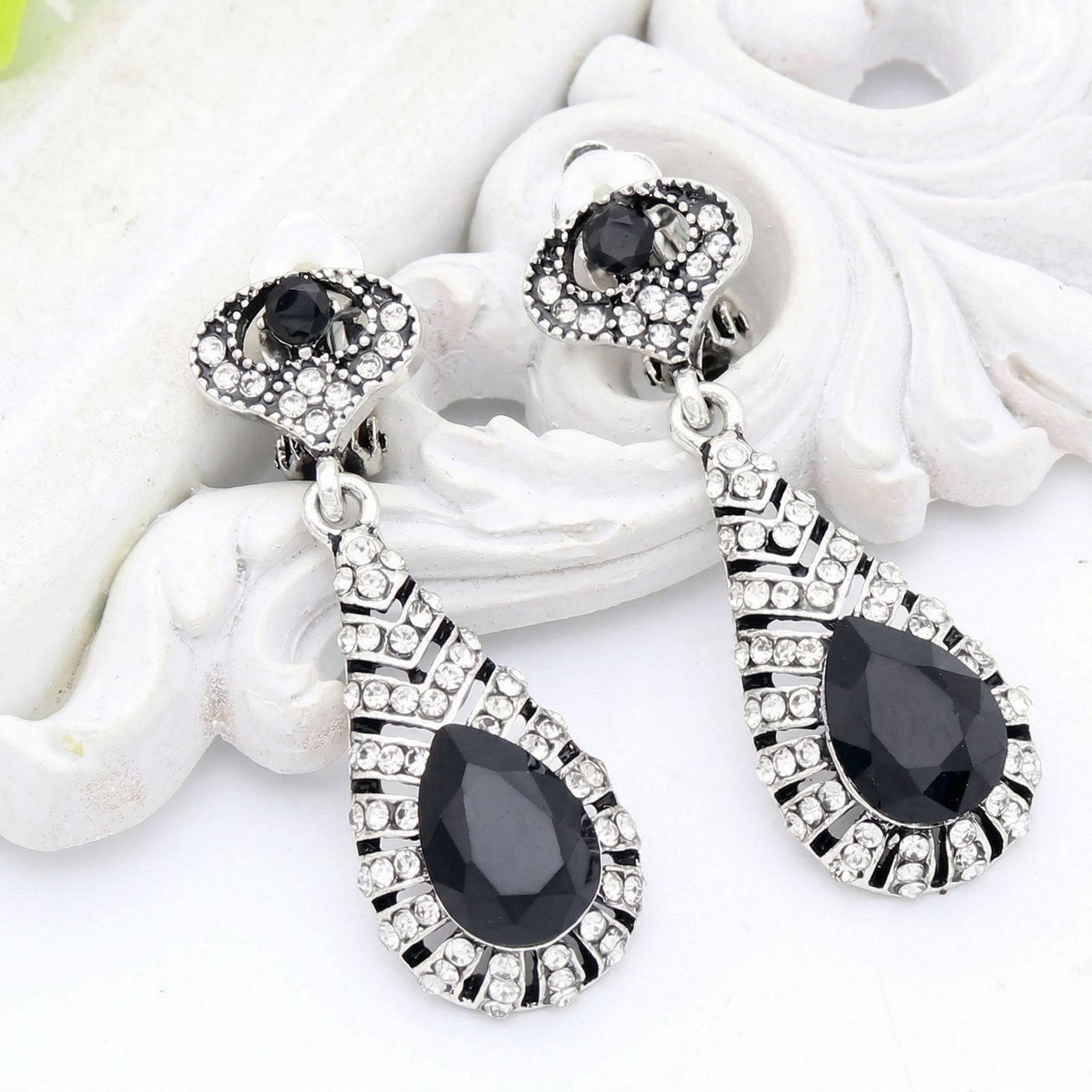 CLIP ON Earrings Womens Non Pierced Dangle Vintage Silver Gold Rhinestone Stud
