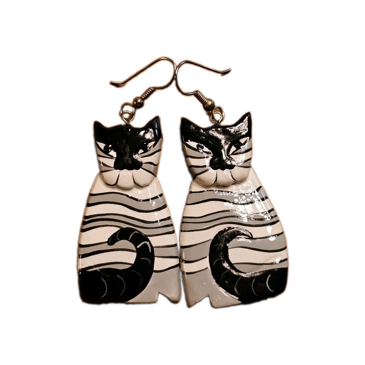 CAT KITTY EARRINGS Hand Painted Blk Gray White Stripped Wood VTG Art NEW Pierce
