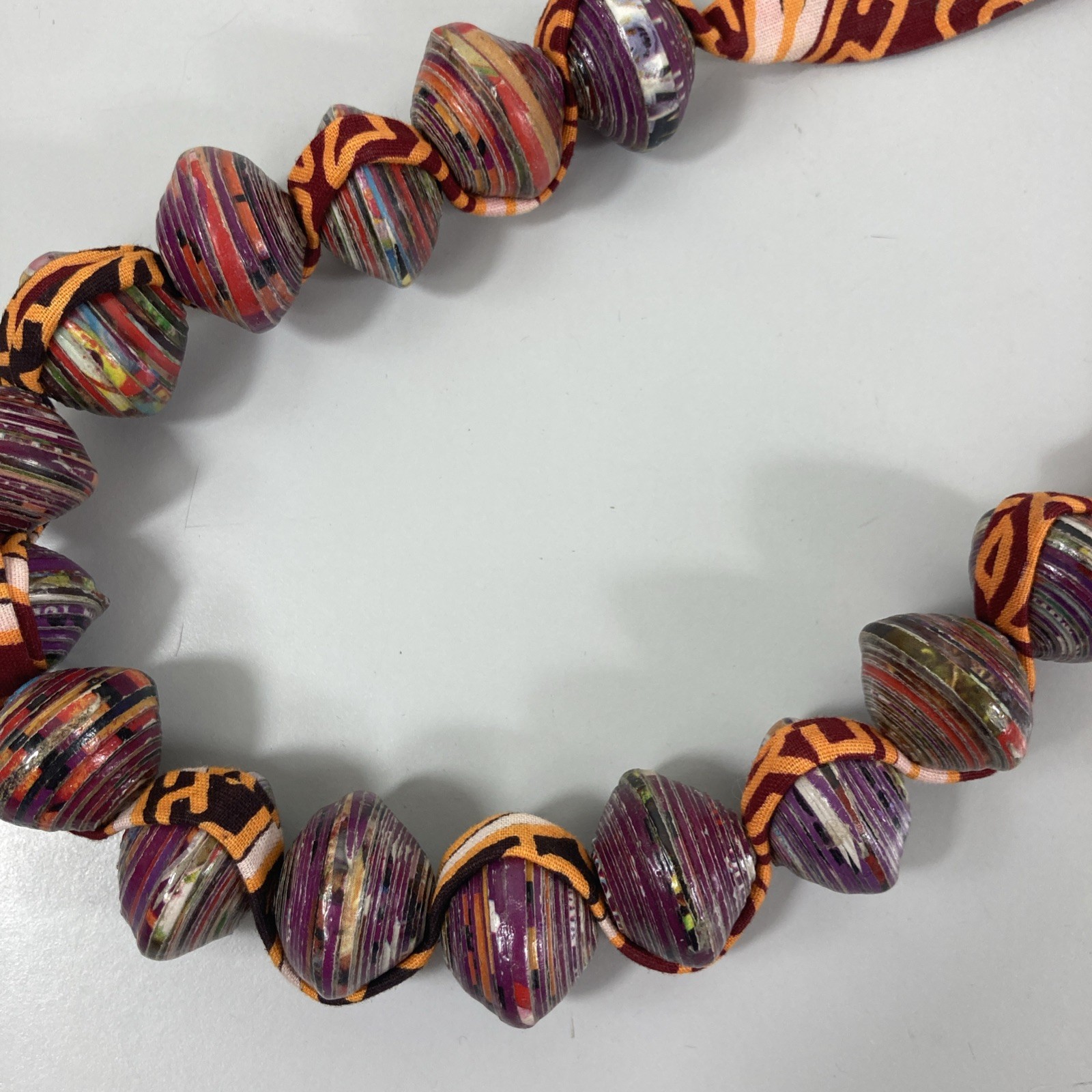 Artisan Rolled Paper Bead Necklace Fabric Chain Purple Orange Chunky Handmade