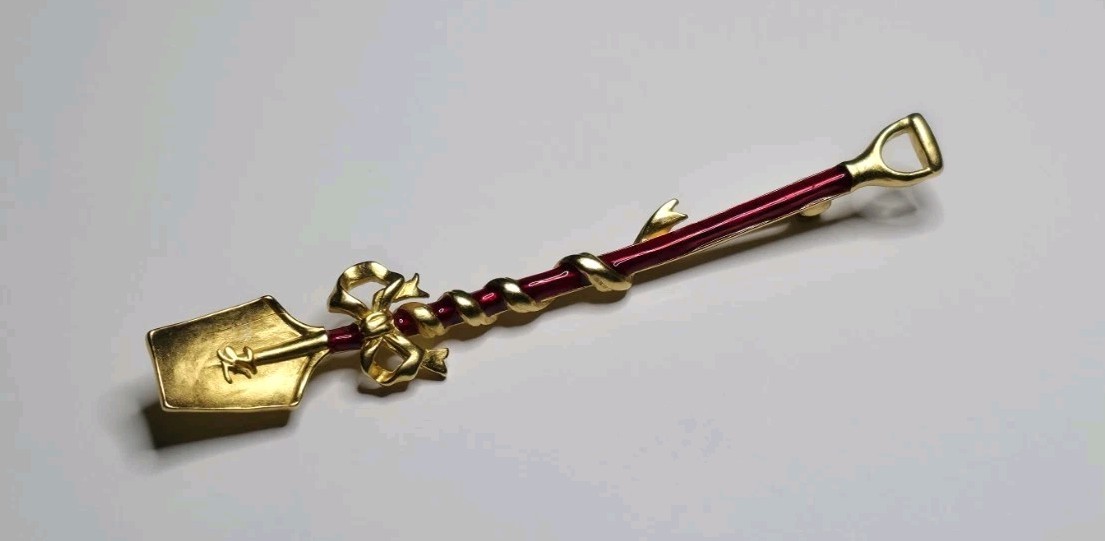 Vintage KARL LAGERFELD Brooch Pin Shovel Spade Red Enamel 1980s Signed KL France