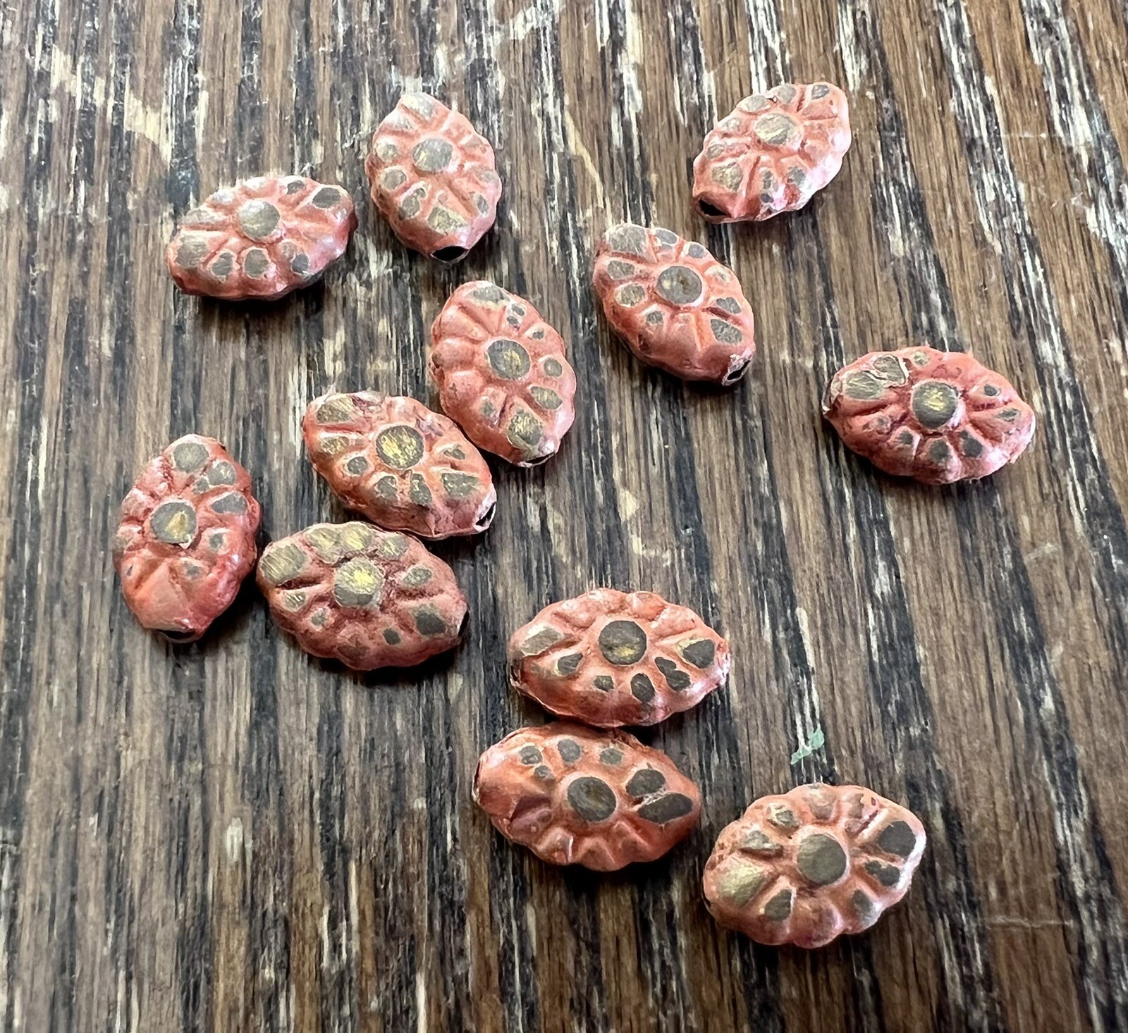 Vintage Brass Base Metal Orange Acid Washed Coated Ornate Design Tablet Bead Lot