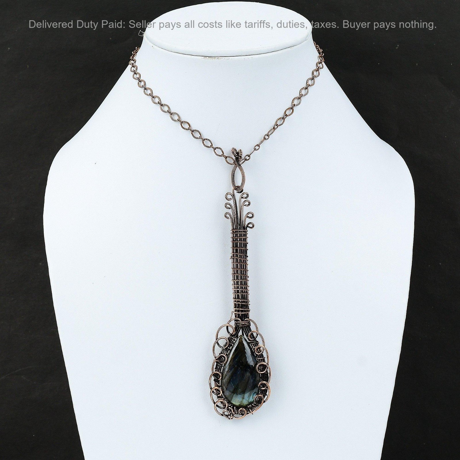 Black Friday Sale Natural Labradorite Copper Wire Wrapped Guitar Pendant Jewelry