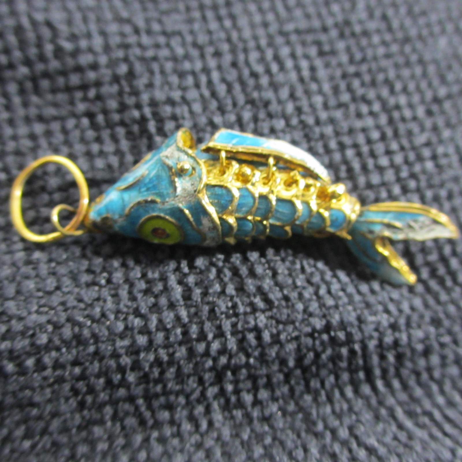 Vintage Cloisonne Enamel Koi Fish Pendant Blue Articulating Gold Tone