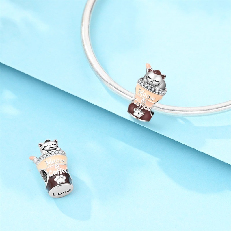 KUNSIR Coffee Cup Cat Bead Charm for Bracelets, 925 Sterling Silver DIY Charms