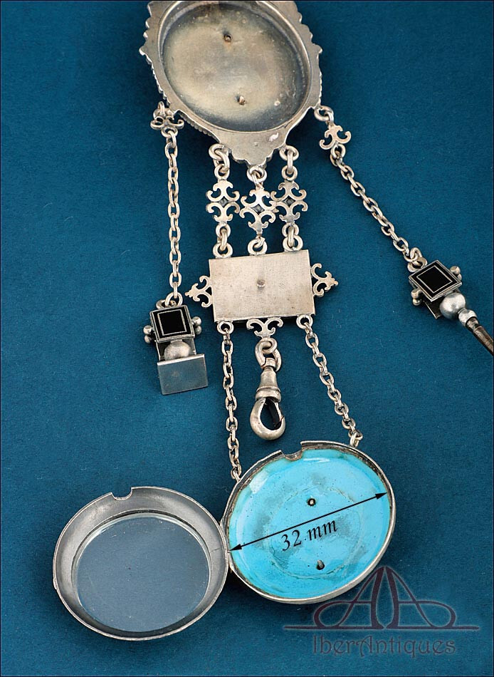 Antique French Chatelaine Silver-Plated Metal and Enamel. France, Circa 1840