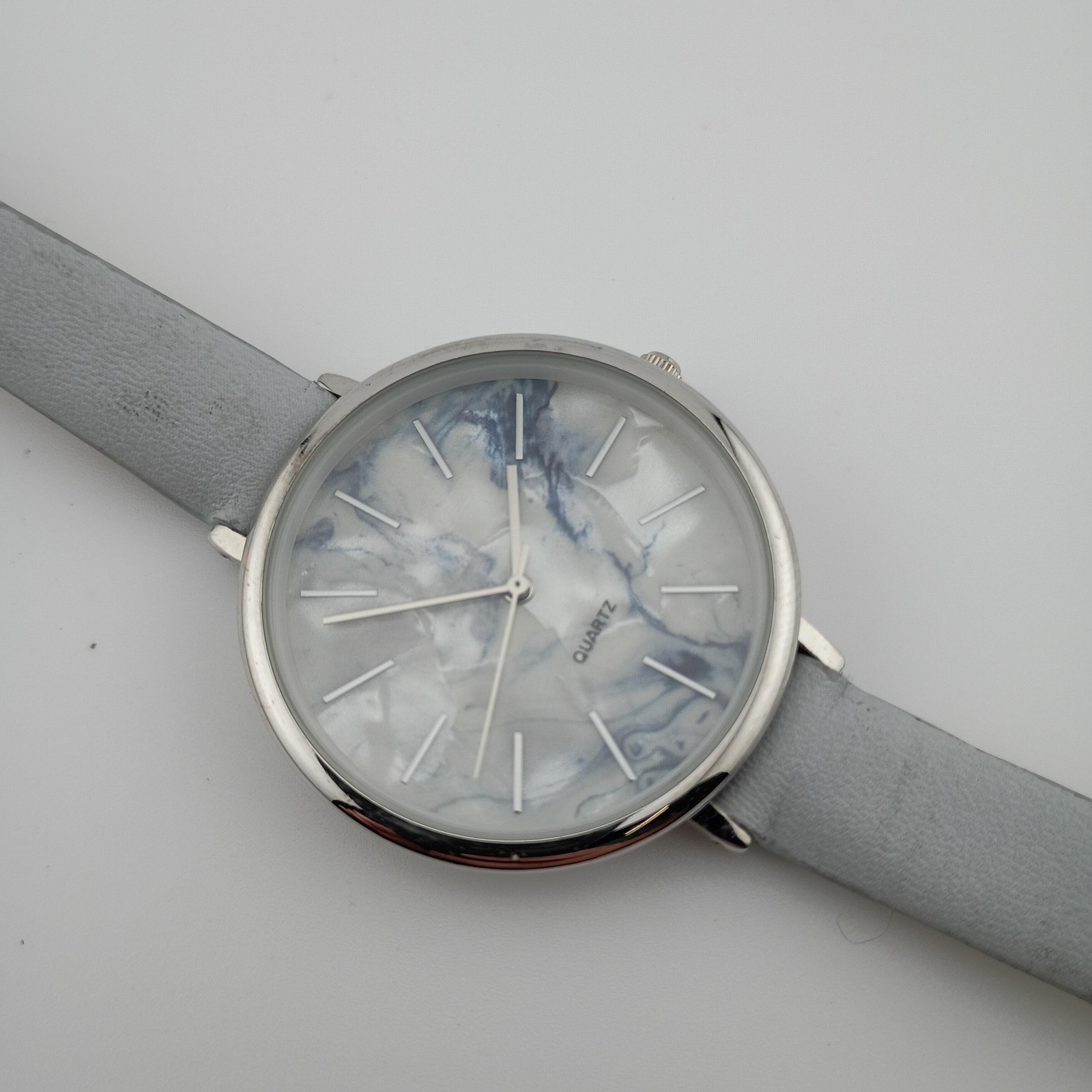 Womens Watch 37mm Pearl Dial Silver Case Gray Faux Leather Strap, Fresh Battery