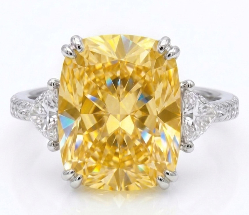 RARE 8.00 Ct Certified Cushion Cut Yellow Natural Diamond Ring White Gold Finish