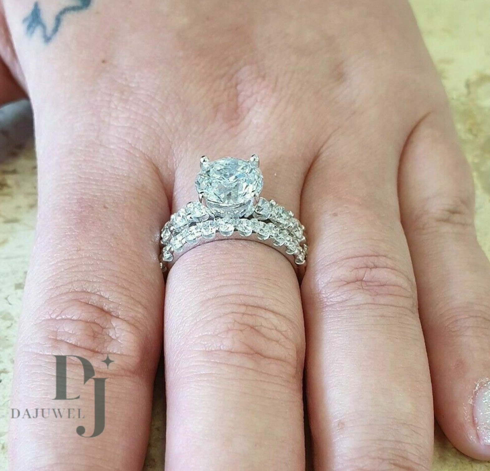 Moissanite Bridal Set Engagement Ring 2.70 Carat Round Cut Solid 14K White Gold