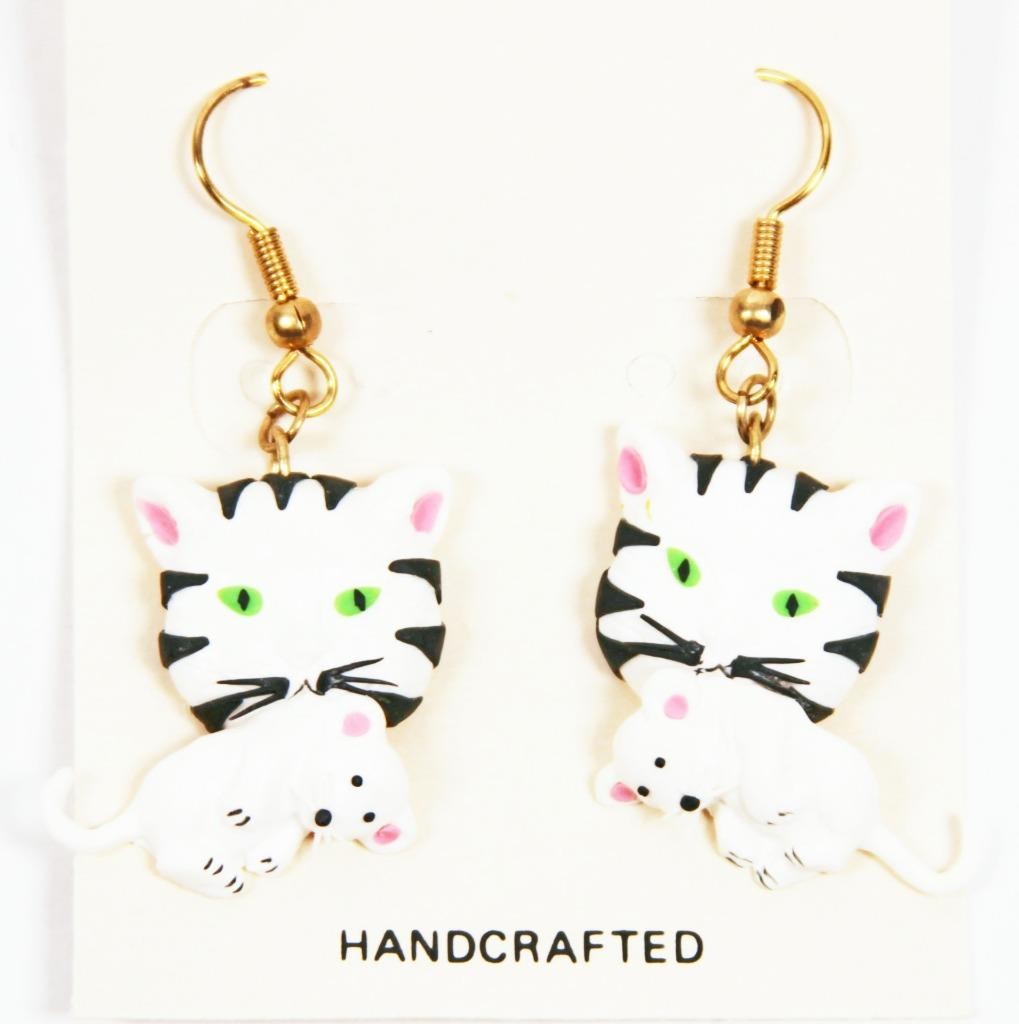 Cat Kitten Earrings White Black Fashion Jewelry Kitty Hand-Crafted Cute jxo3 New