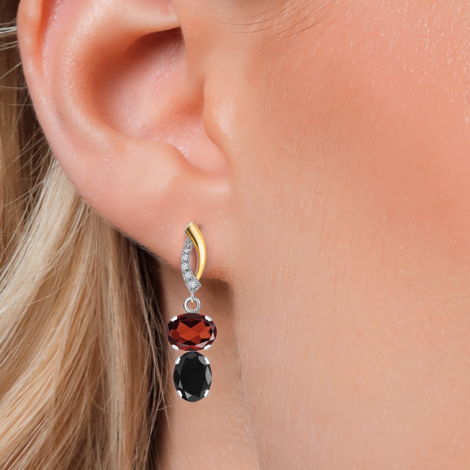 925 Silver and 10K Yellow Gold Garnet and Black Sapphire and Lab Grown Diamond