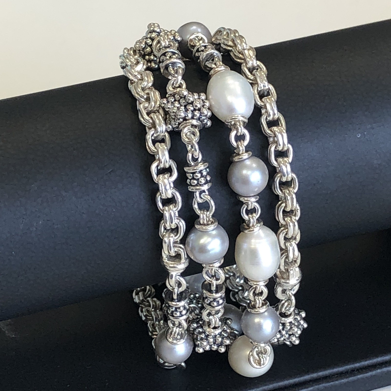 Excellent! Michael Dawkins Sterling Silver & Pearl 4-Strand Chain Bracelet 8″