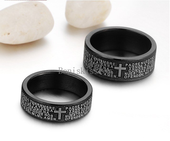 Frosted Black Stainless Steel Cross Prayer Bible Love Engagement Wedding Band