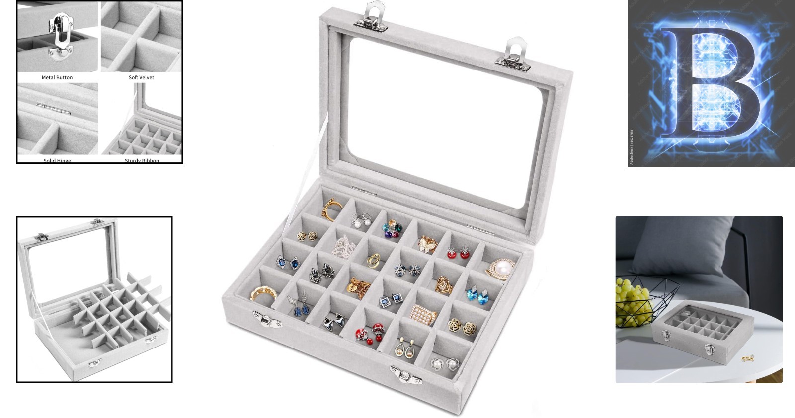 Adjustable Velvet Jewelry Box – 24 Grid Organizer for Rings & Earrings – Grey