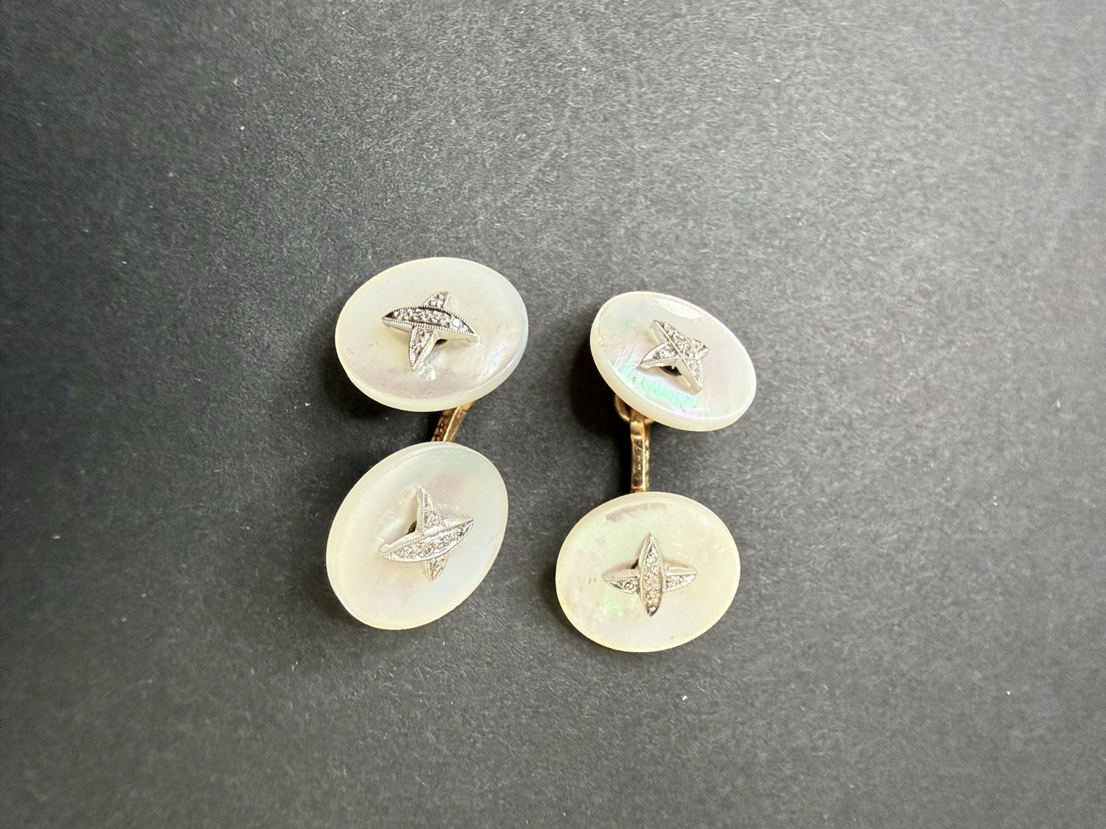 Rare Larter Mother Of Pearl Diamond Cufflinks With 14 kt Gold Link