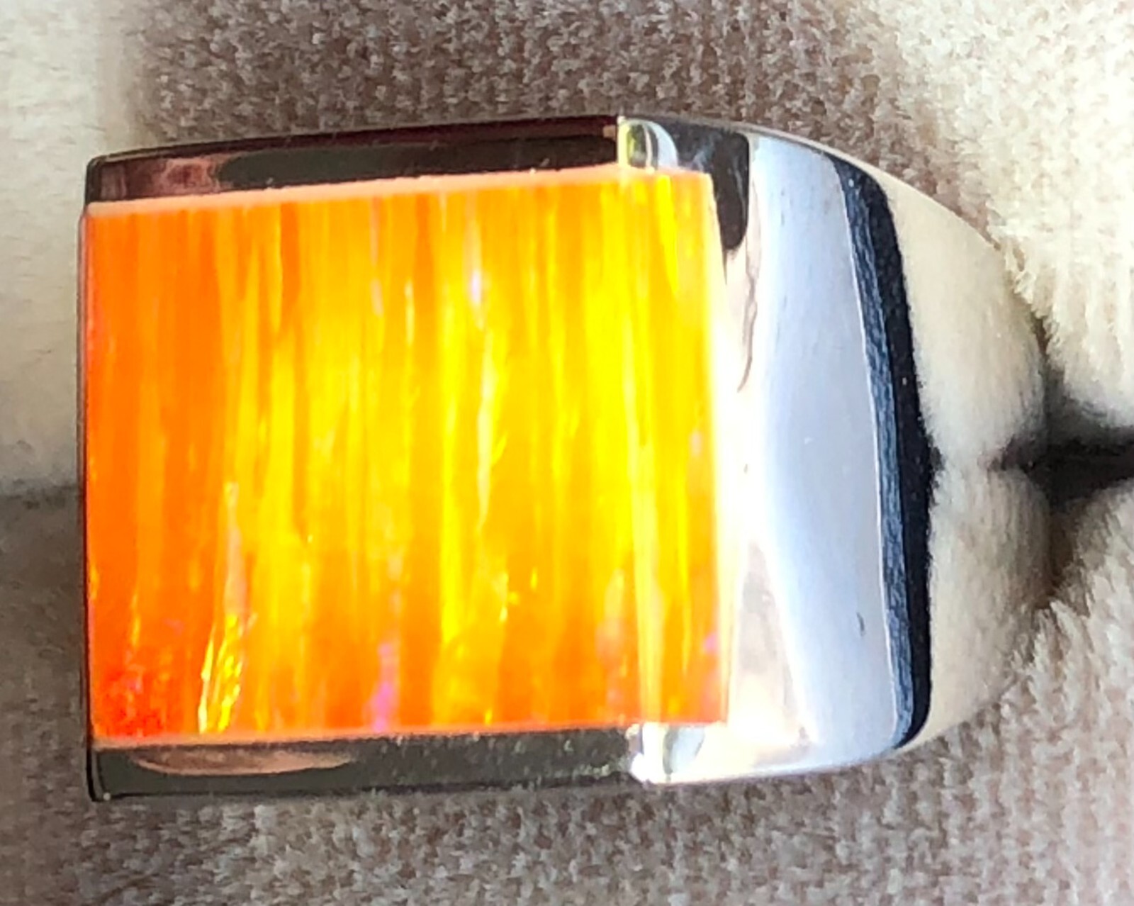 Orange Fire Opal Square Ultra Vivid FLASHES Heavy Sterling Men’s ring 14 VIDEO