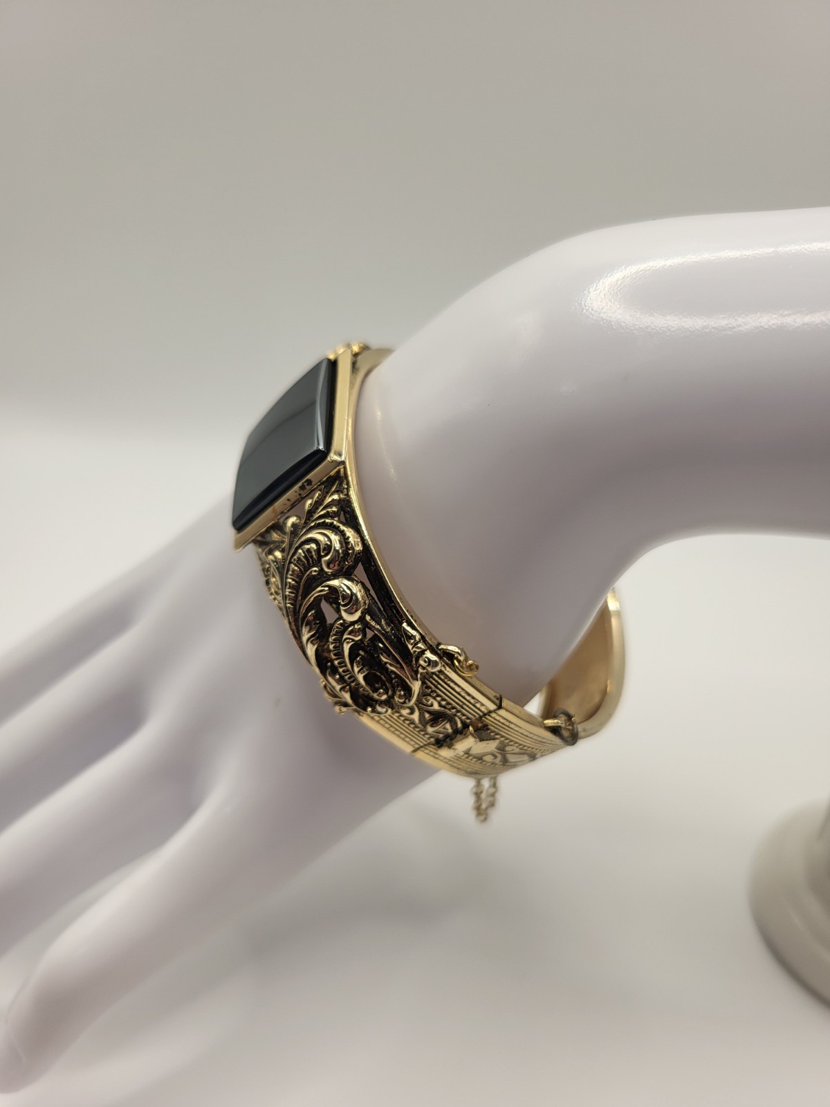 Ornate Hinged Cuff Bangle Bracelet Hematite Center Square Victorian Rev Goldtone