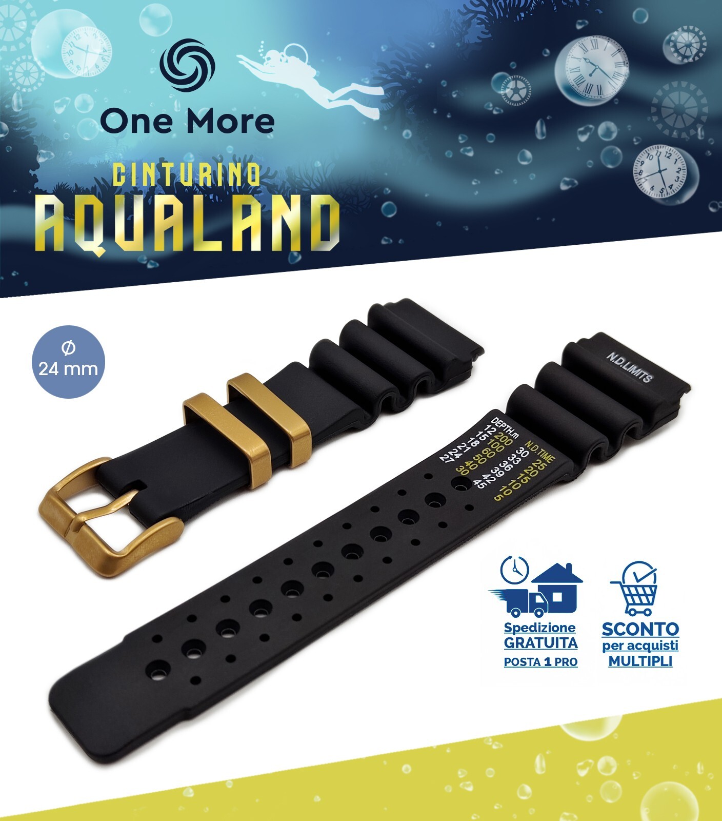 Cinturino Gomma compatibile Citizen Promaster Aqualand C022 6 viti Seiko nd oro