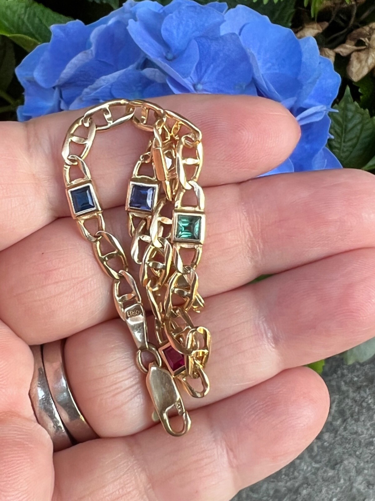 14K YELLOW GOLD MULTI GEMSTONES FIGARO BRACELET MADE IN ITALY CANDY COLORS
