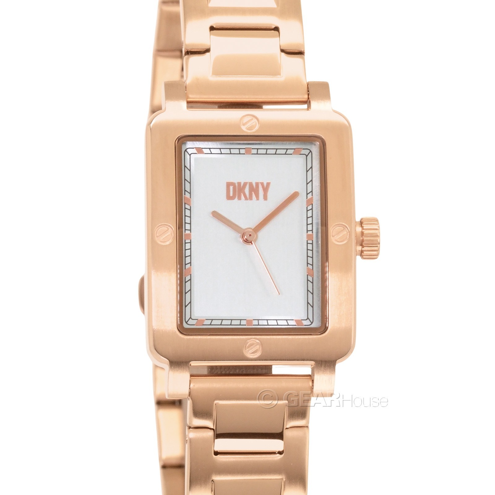DKNY City Rivet Womens Rose Gold Watch, Rectangular Silver Dial, Stainless Steel