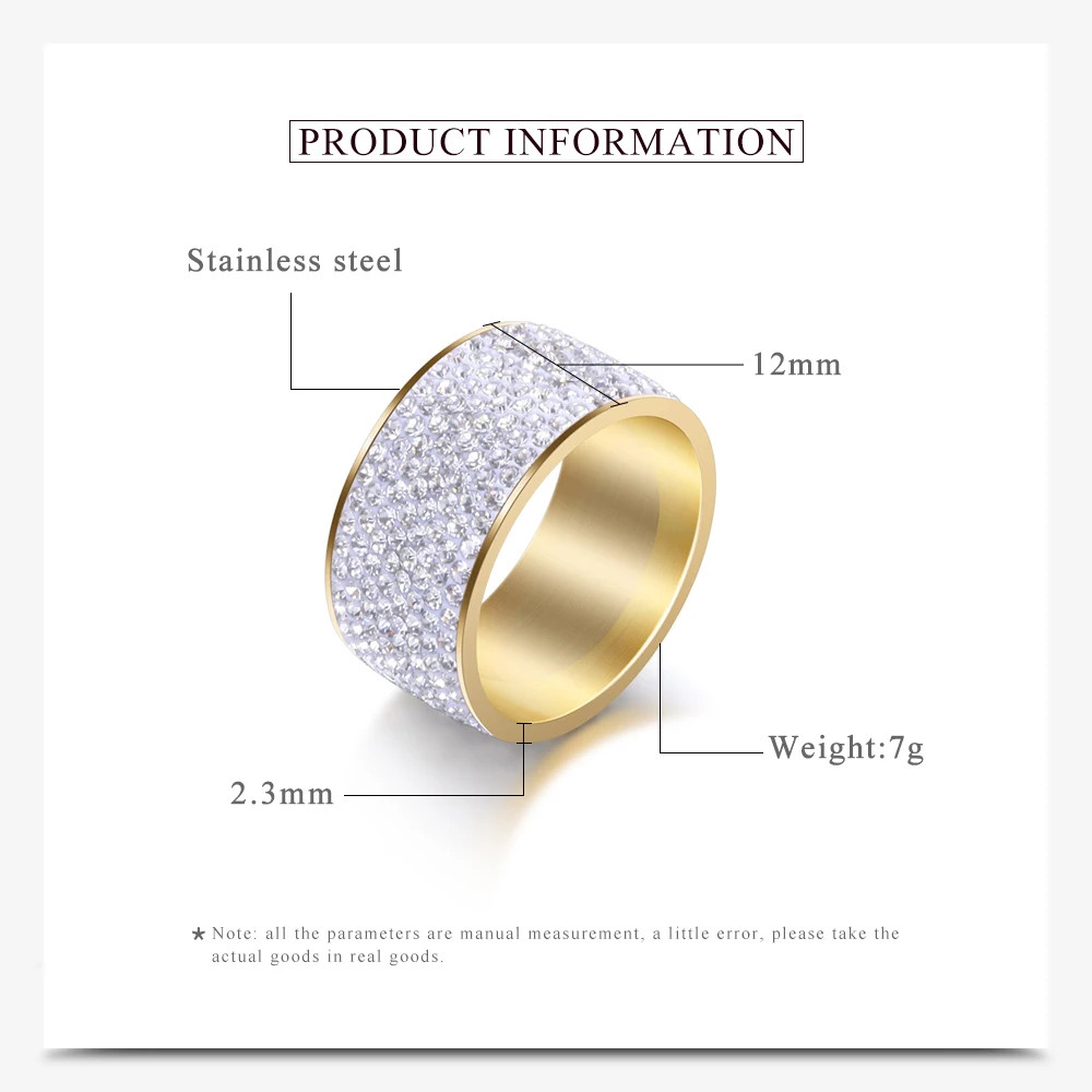 Crystal Pave Ring 8 Row Stainless Steel Gold Plated Wide Band Women Jewelry