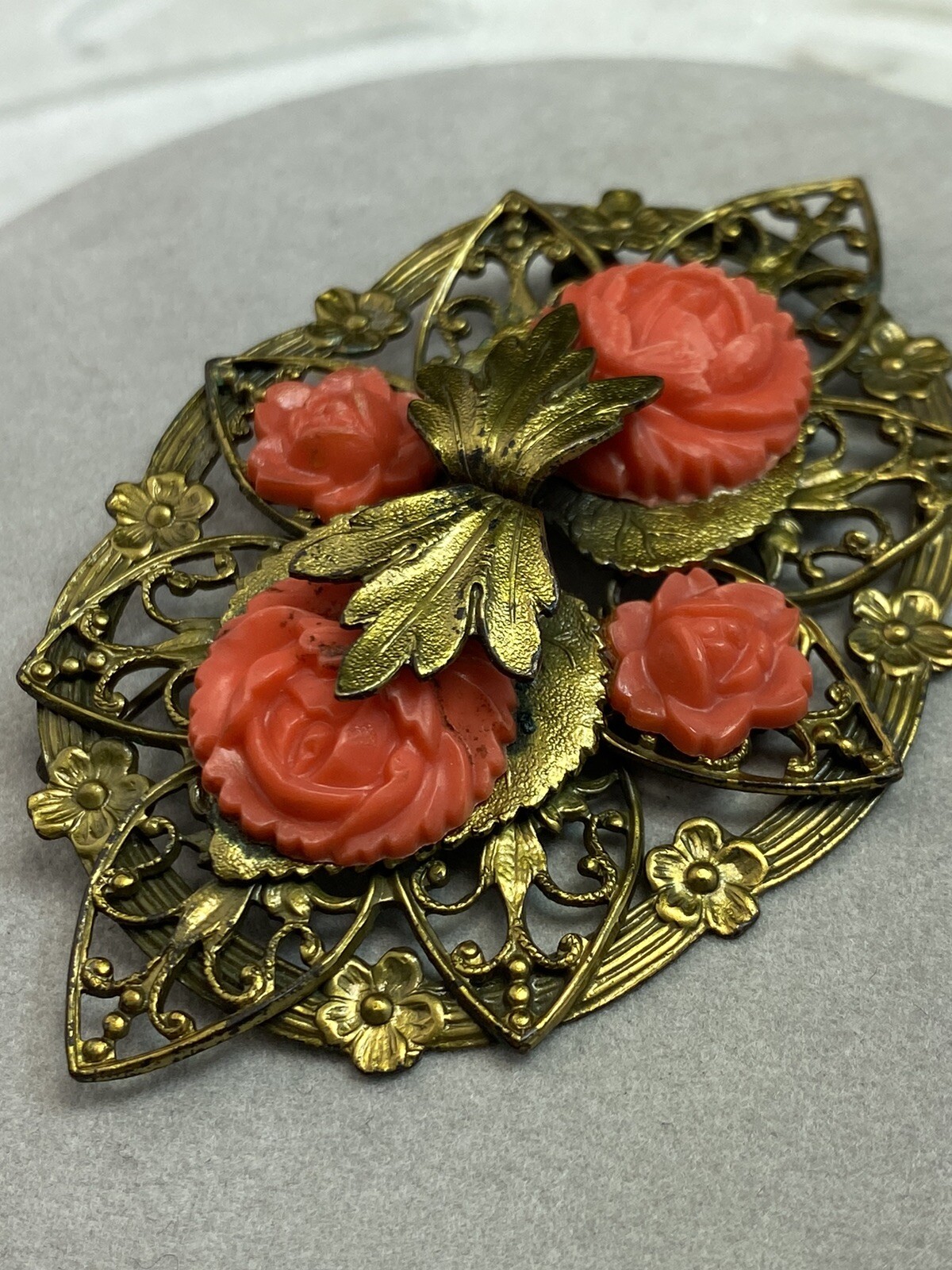 Vintage Filigree Brooch Estate Jewelry Pre-Owned Coral Rose XXL Die Struck