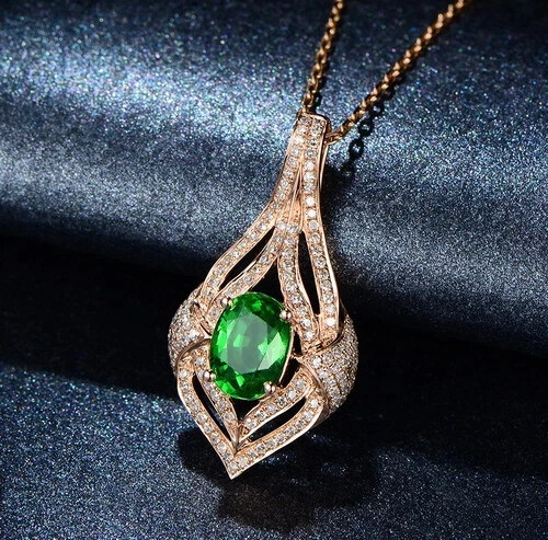14K Rose Gold Finish Simulated Oval Cut Emerald /Diamond Charm Pendant 18″ Chain