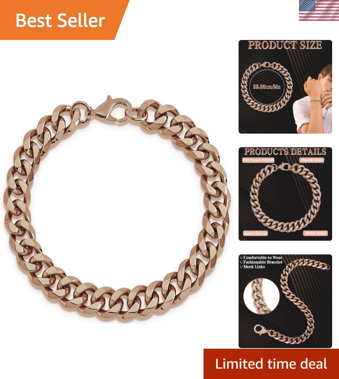 Fashionable Men’s Copper Bracelet – 9in Rose Gold Chain with Buckle Design